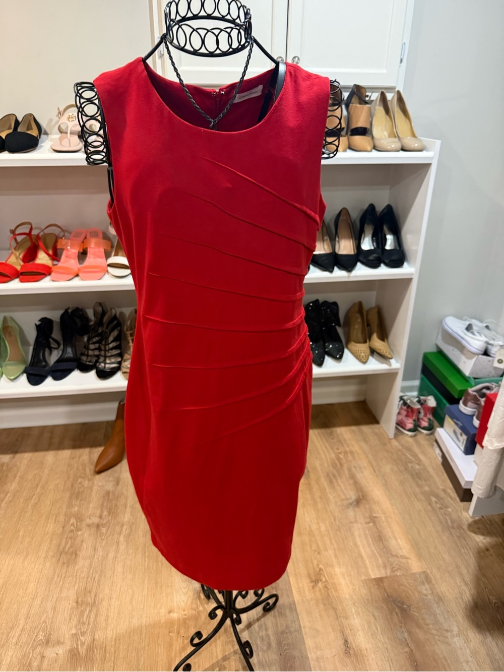 Calvin Klein Bold Red Sleeveless Sheath Dress with Diagonal Pleats